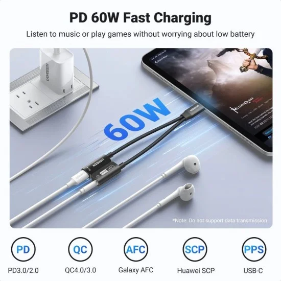 UGREEN USB-C to 3.5mm Audio Adapter with Power Delivery (Black)